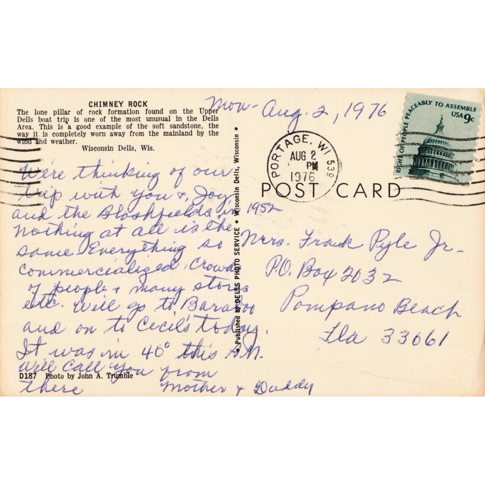 Vintage Wisconsin Dells Postcard Chimney Rock Riverview Boat Line 1976 Postmark - Picture 2 of 2